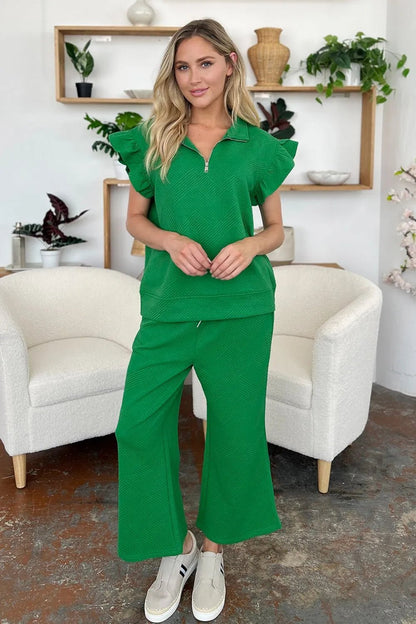 Double Take Texture Ruffle Short Sleeve Top and Drawstring Wide Leg Pants Set - NORIVE