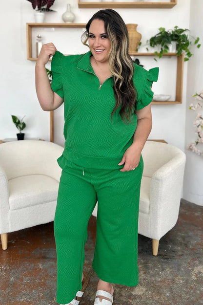 Double Take Texture Ruffle Short Sleeve Top and Drawstring Wide Leg Pants Set - NORIVE