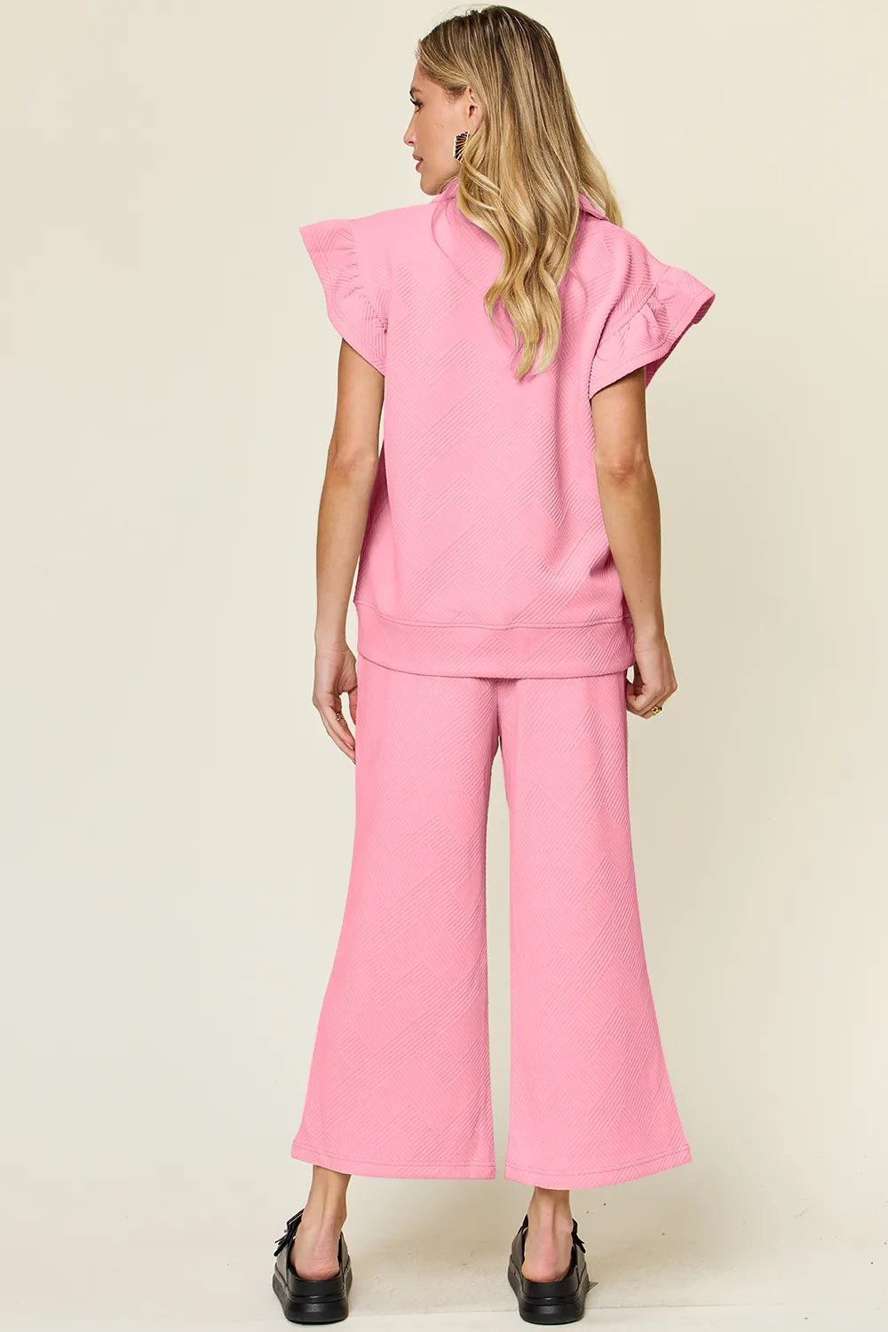 Double Take Texture Ruffle Short Sleeve Top and Drawstring Wide Leg Pants Set - NORIVE