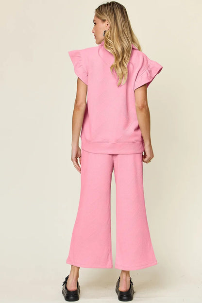 Double Take Texture Ruffle Short Sleeve Top and Drawstring Wide Leg Pants Set - NORIVE