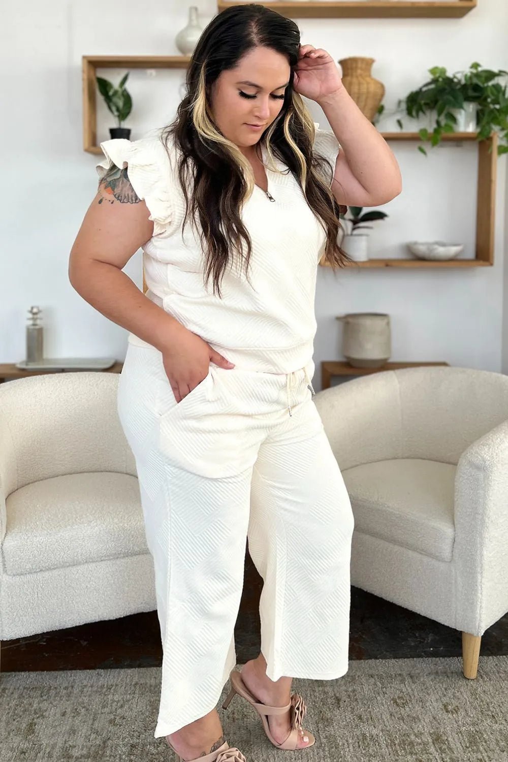 Double Take Texture Ruffle Short Sleeve Top and Drawstring Wide Leg Pants Set - NORIVE