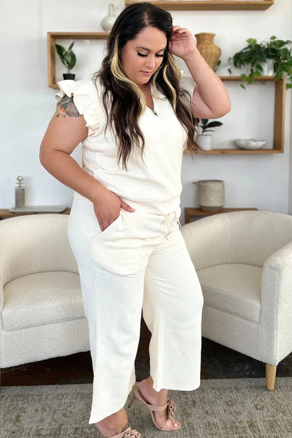 Double Take Texture Ruffle Short Sleeve Top and Drawstring Wide Leg Pants Set - NORIVE