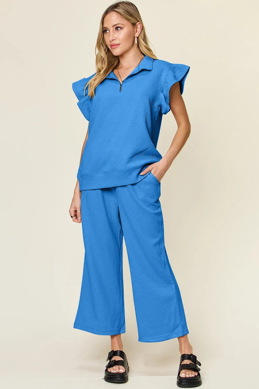 Double Take Texture Ruffle Short Sleeve Top and Drawstring Wide Leg Pants Set - NORIVE