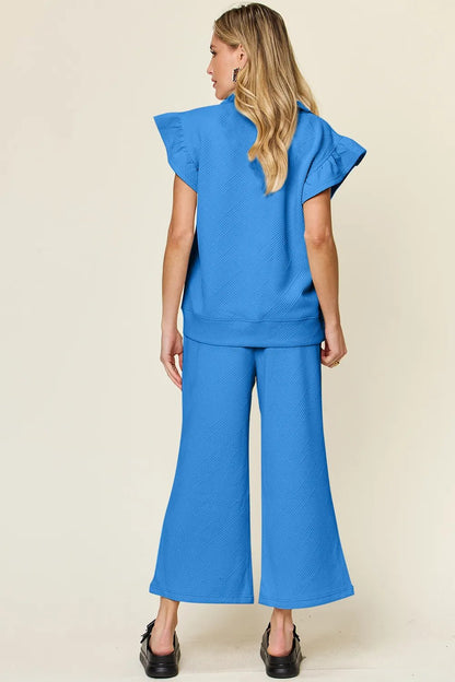 Double Take Texture Ruffle Short Sleeve Top and Drawstring Wide Leg Pants Set - NORIVE