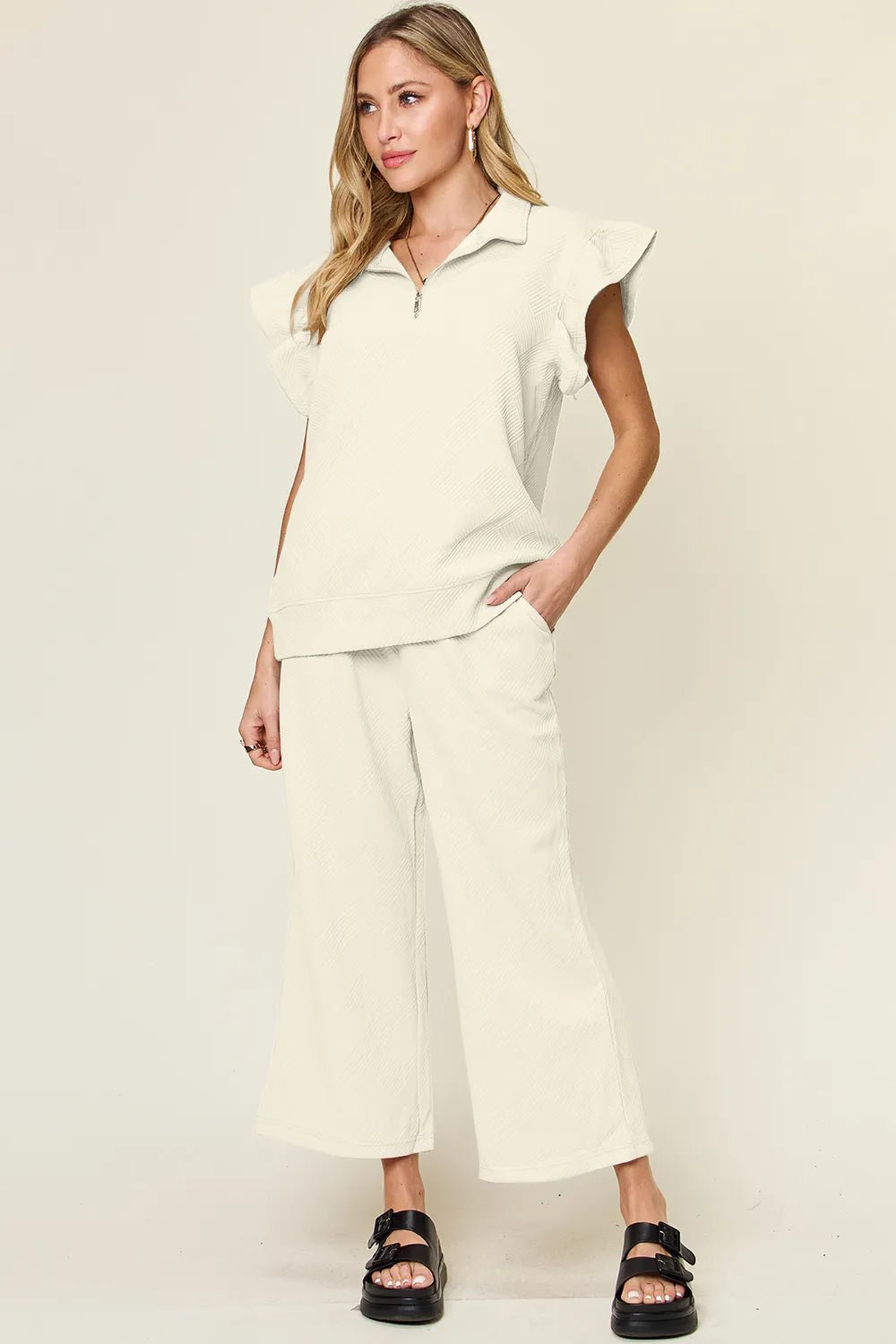 Double Take Texture Ruffle Short Sleeve Top and Drawstring Wide Leg Pants Set - NORIVE