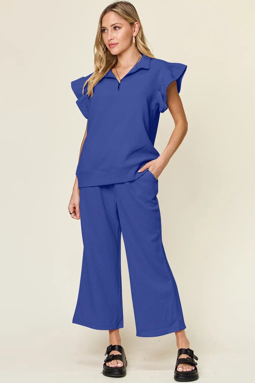 Double Take Texture Ruffle Short Sleeve Top and Drawstring Wide Leg Pants Set - NORIVE