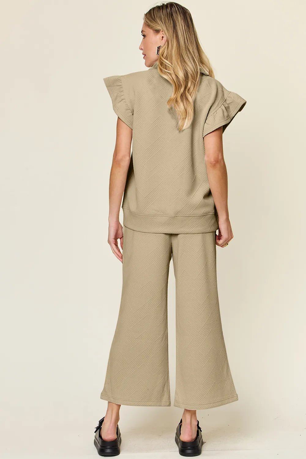 Double Take Texture Ruffle Short Sleeve Top and Drawstring Wide Leg Pants Set - NORIVE