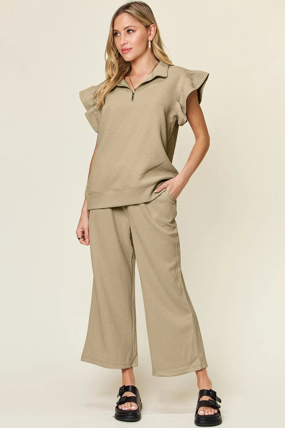 Double Take Texture Ruffle Short Sleeve Top and Drawstring Wide Leg Pants Set - NORIVE