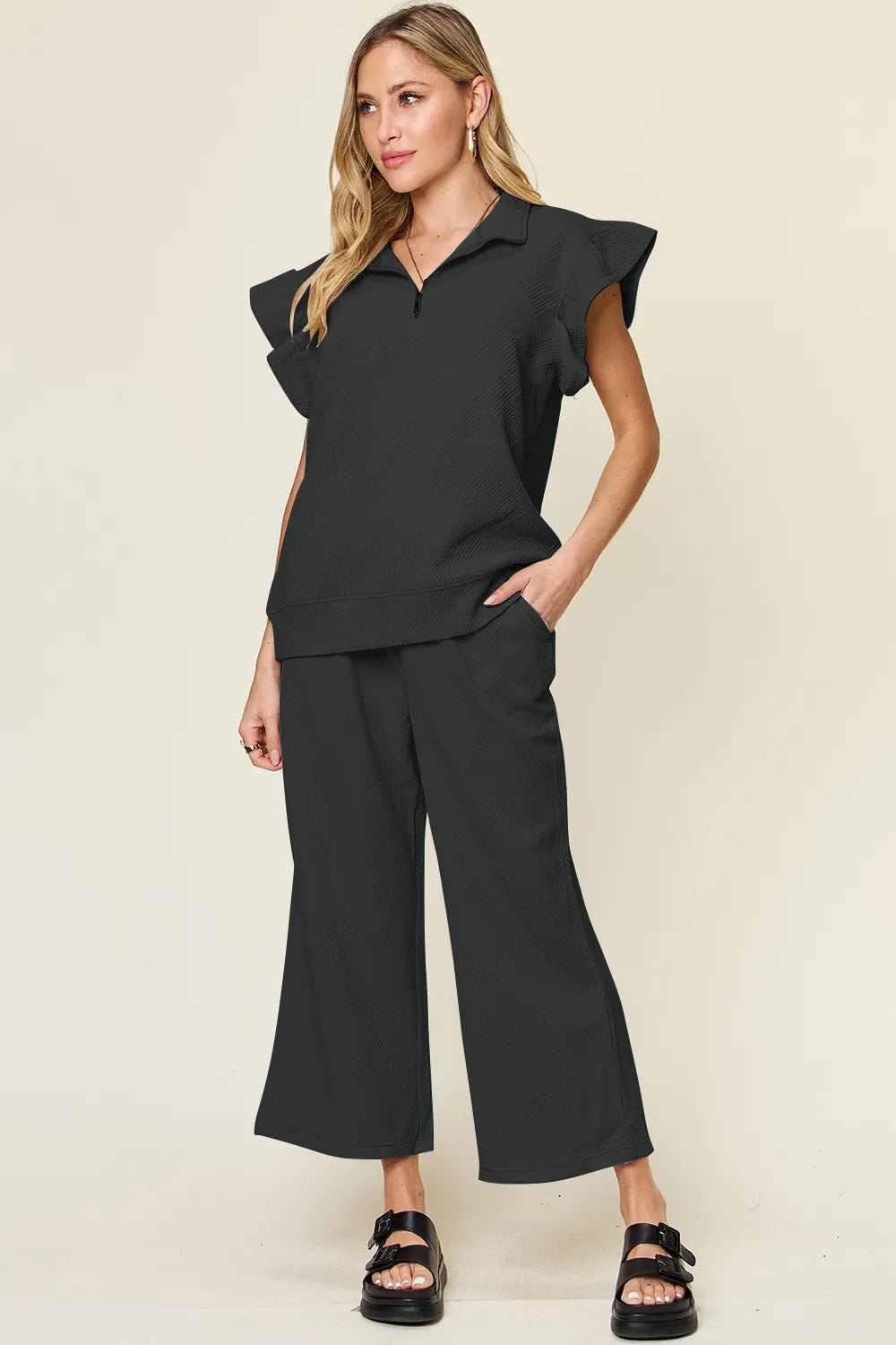 Double Take Texture Ruffle Short Sleeve Top and Drawstring Wide Leg Pants Set - NORIVE
