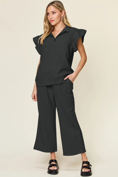 Double Take Texture Ruffle Short Sleeve Top and Drawstring Wide Leg Pants Set - NORIVE