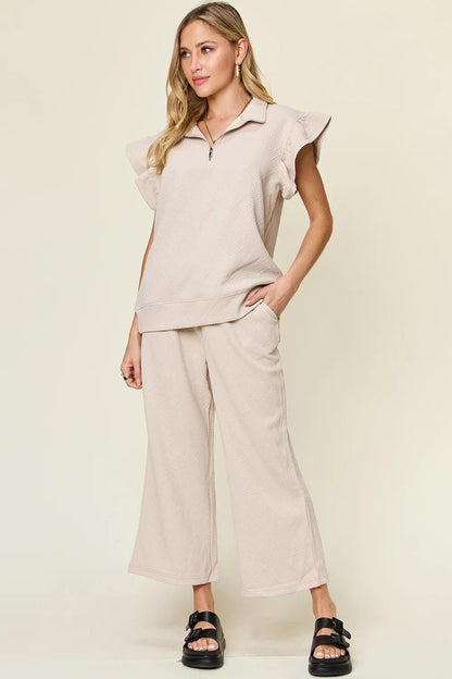 Double Take Texture Ruffle Short Sleeve Top and Drawstring Wide Leg Pants Set - NORIVE