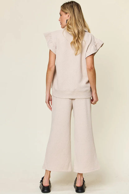 Double Take Texture Ruffle Short Sleeve Top and Drawstring Wide Leg Pants Set - NORIVE