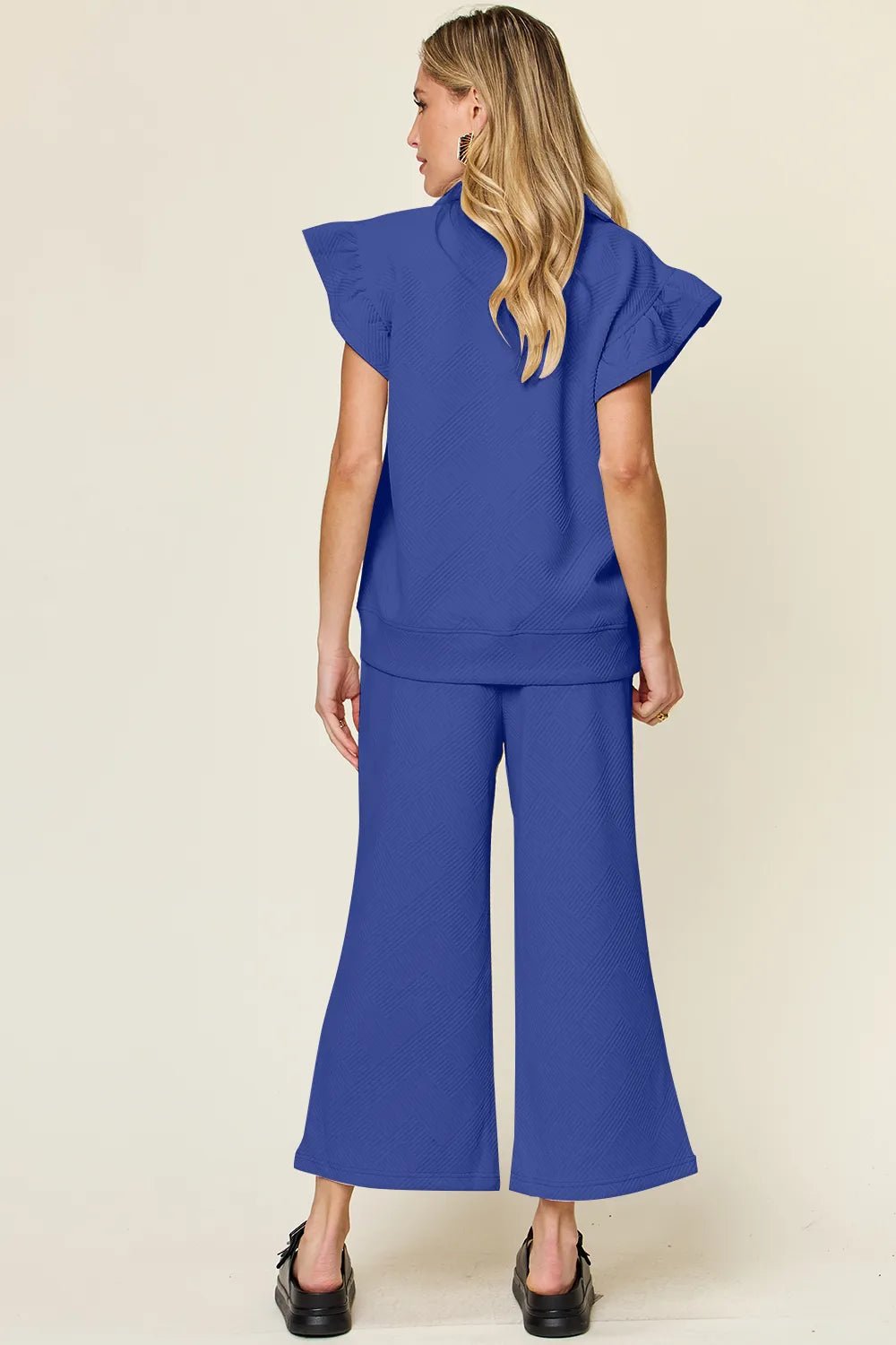 Double Take Texture Ruffle Short Sleeve Top and Drawstring Wide Leg Pants Set - NORIVE