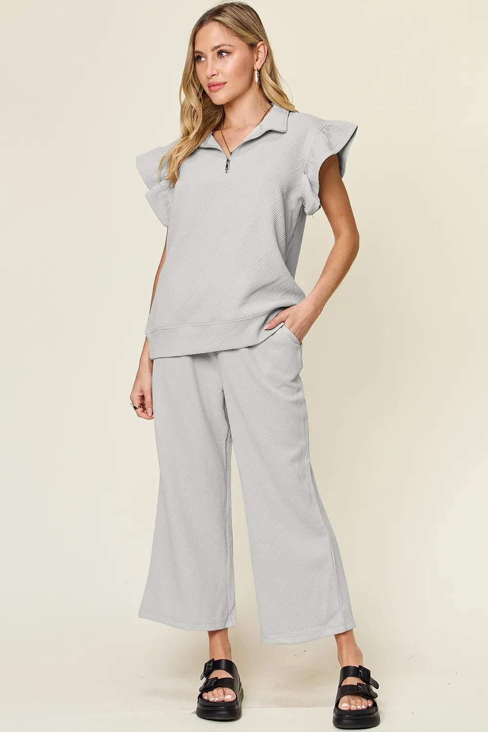 Double Take Texture Ruffle Short Sleeve Top and Drawstring Wide Leg Pants Set - NORIVE