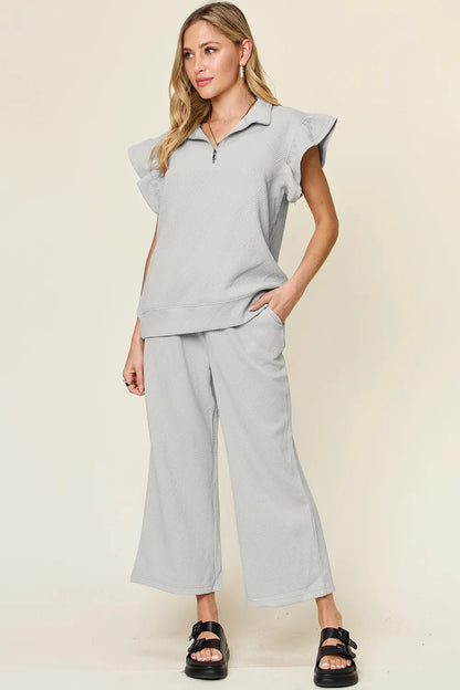 Double Take Texture Ruffle Short Sleeve Top and Drawstring Wide Leg Pants Set - NORIVE