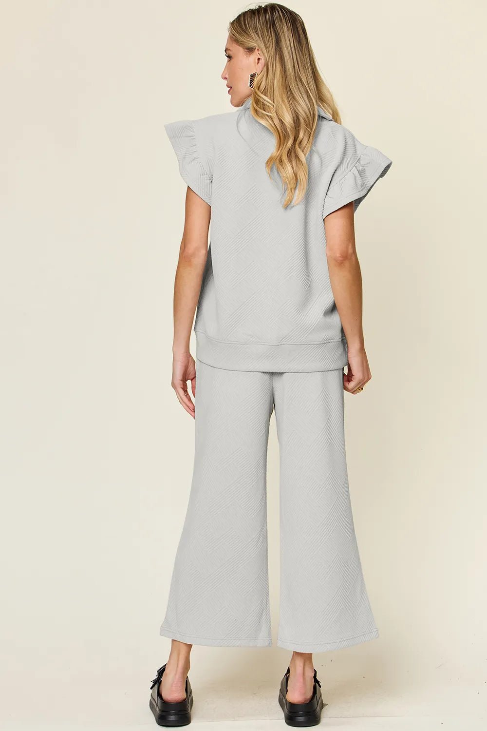 Double Take Texture Ruffle Short Sleeve Top and Drawstring Wide Leg Pants Set - NORIVE