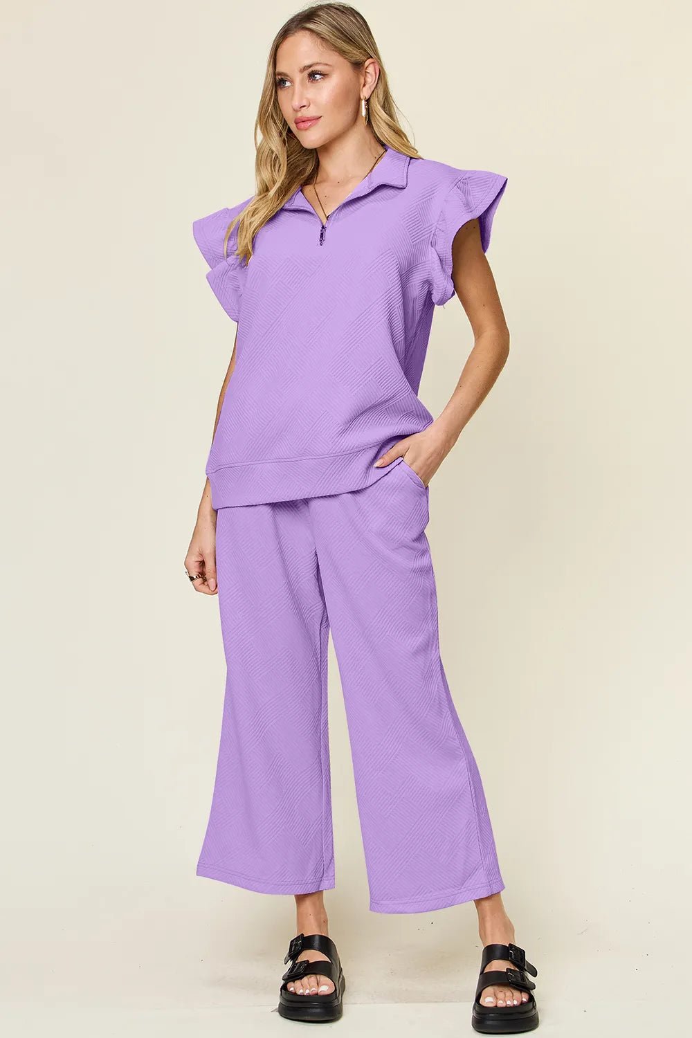 Double Take Texture Ruffle Short Sleeve Top and Drawstring Wide Leg Pants Set - NORIVE