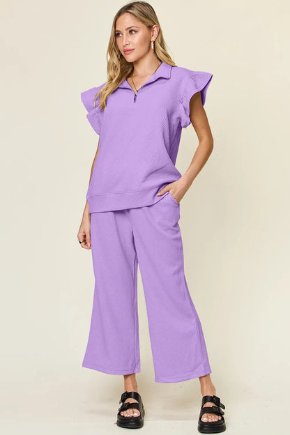 Double Take Texture Ruffle Short Sleeve Top and Drawstring Wide Leg Pants Set - NORIVE