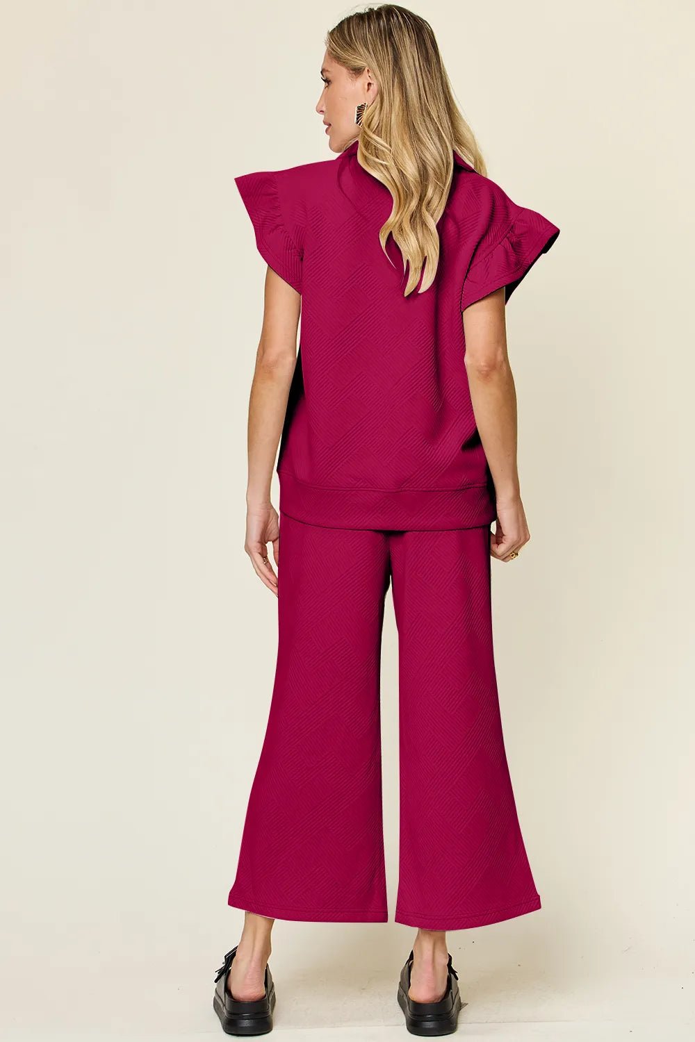 Double Take Texture Ruffle Short Sleeve Top and Drawstring Wide Leg Pants Set - NORIVE