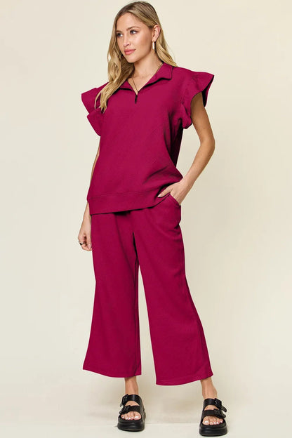 Double Take Texture Ruffle Short Sleeve Top and Drawstring Wide Leg Pants Set - NORIVE