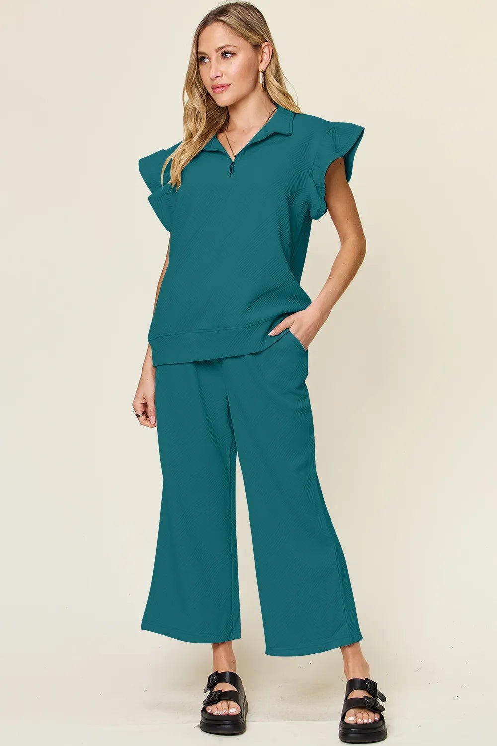Double Take Texture Ruffle Short Sleeve Top and Drawstring Wide Leg Pants Set - NORIVE