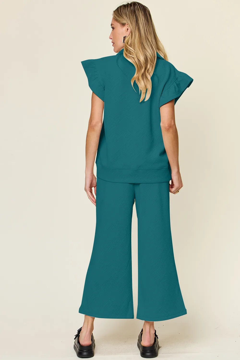 Double Take Texture Ruffle Short Sleeve Top and Drawstring Wide Leg Pants Set - NORIVE