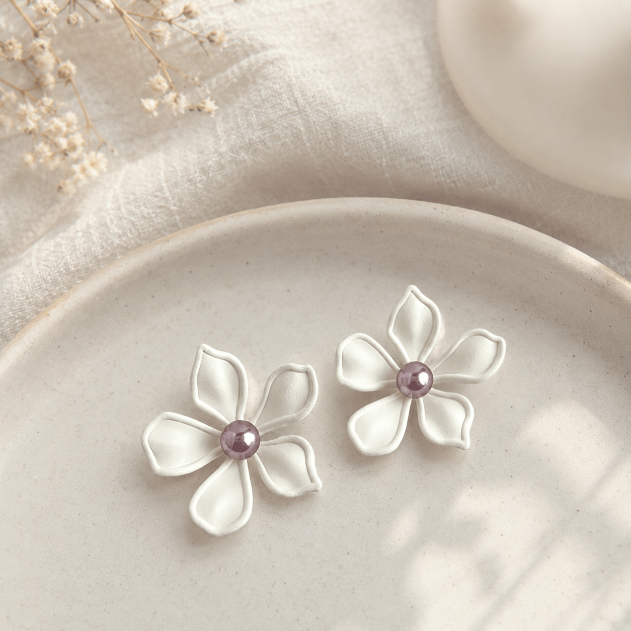 Floral Enamel Pearl Statement Stud Earrings | White Flower Earrings for Women | NORIVE - NORIVE