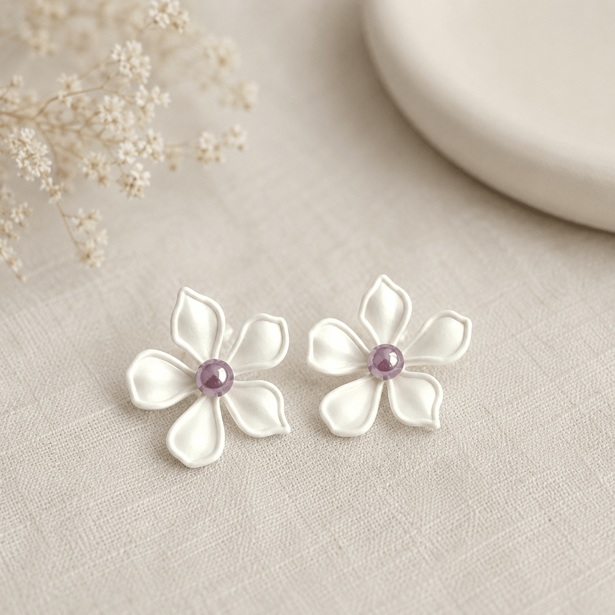 Floral Enamel Pearl Statement Stud Earrings | White Flower Earrings for Women | NORIVE - NORIVE