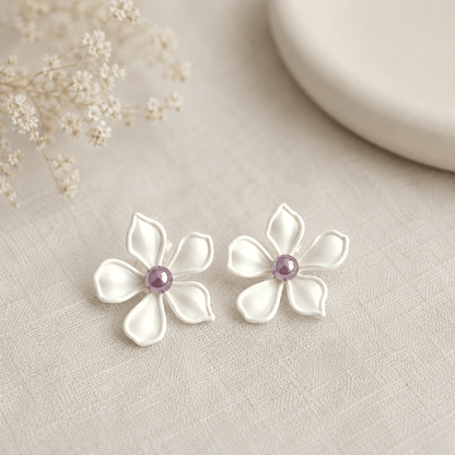 Floral Enamel Pearl Statement Stud Earrings | White Flower Earrings for Women | NORIVE - NORIVE