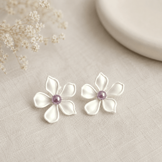 Floral Enamel Pearl Statement Stud Earrings | White Flower Earrings for Women | NORIVE - NORIVE