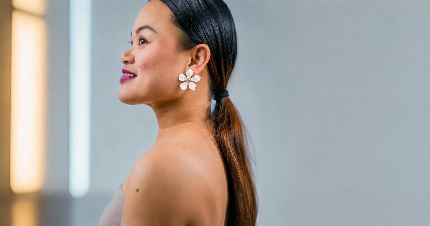 Floral Enamel Pearl Statement Stud Earrings | White Flower Earrings for Women | NORIVE - NORIVE