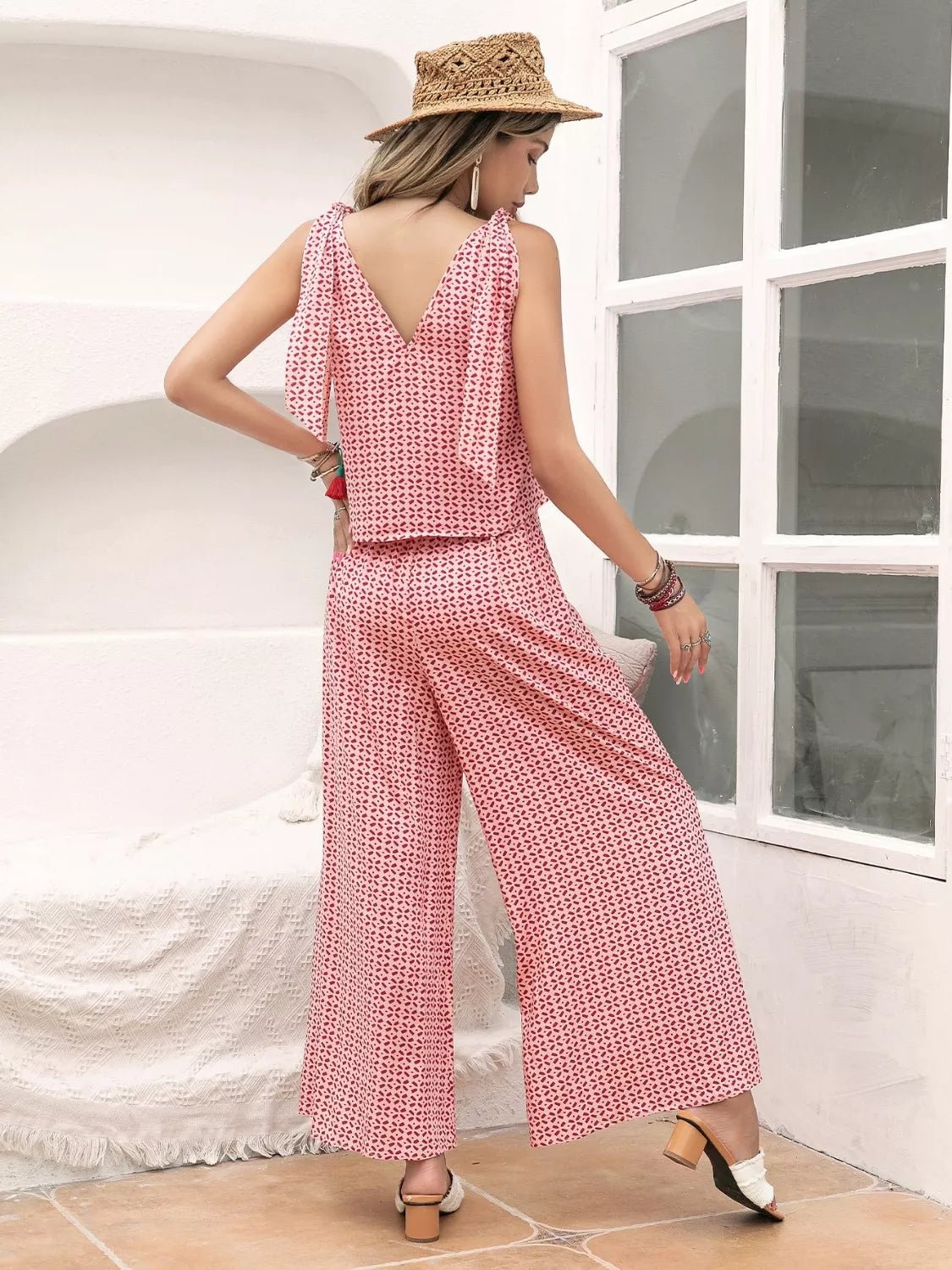 Gingham Tie Shoulder Top and Pants Set - NORIVE