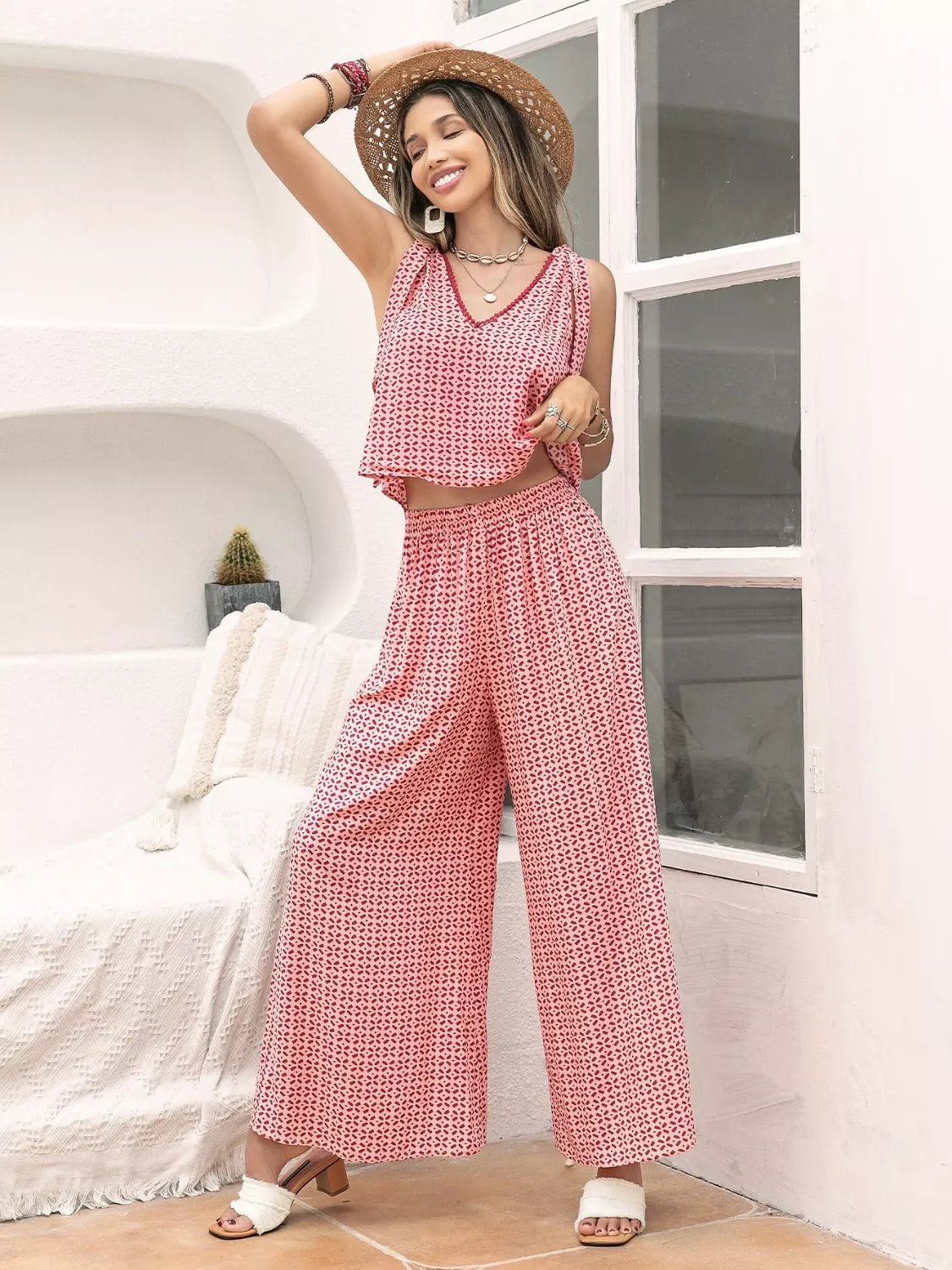 Gingham Tie Shoulder Top and Pants Set - NORIVE