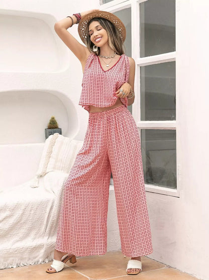 Gingham Tie Shoulder Top and Pants Set - NORIVE