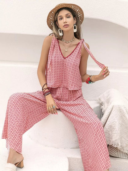 Gingham Tie Shoulder Top and Pants Set - NORIVE