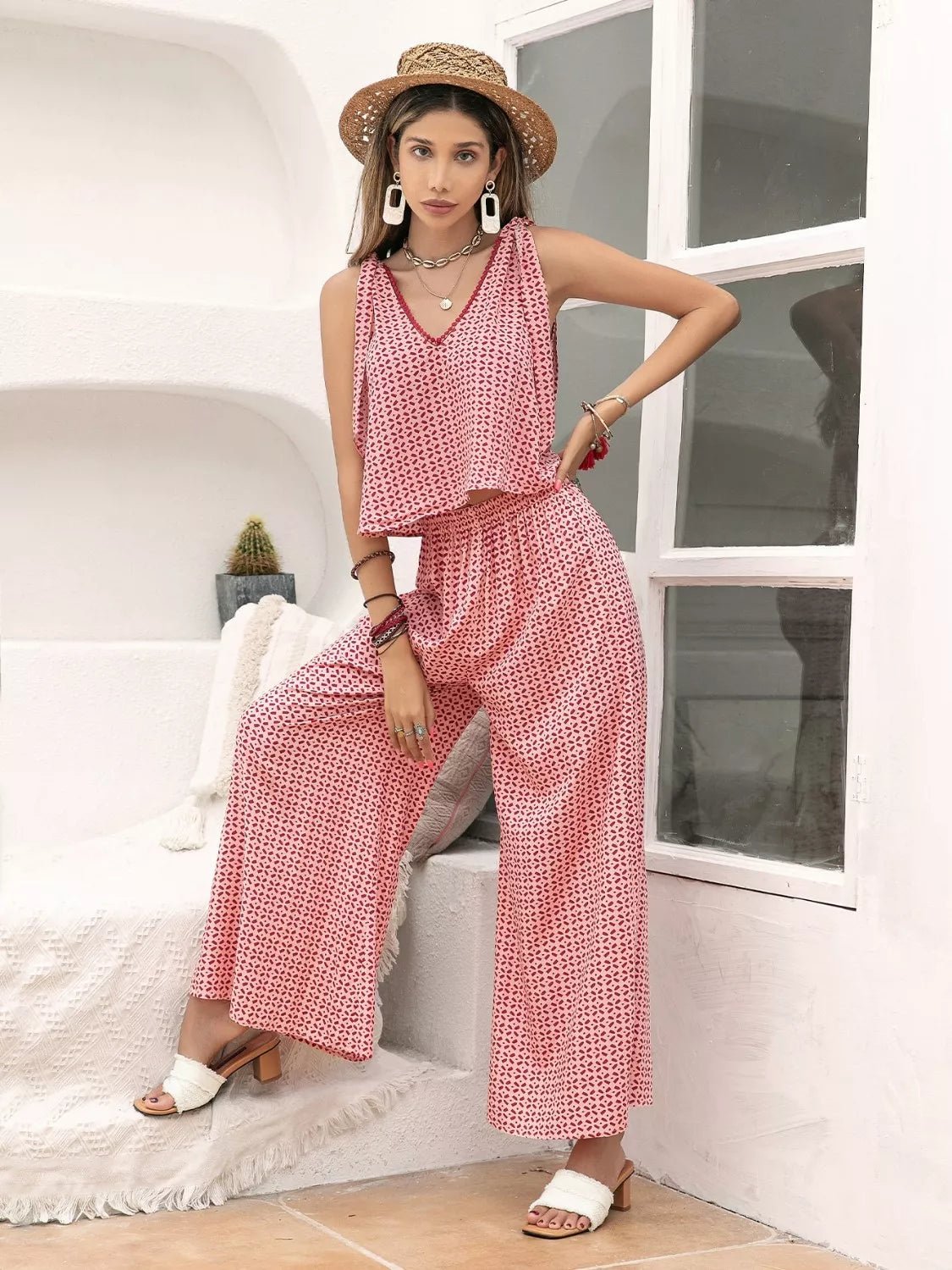 Gingham Tie Shoulder Top and Pants Set - NORIVE