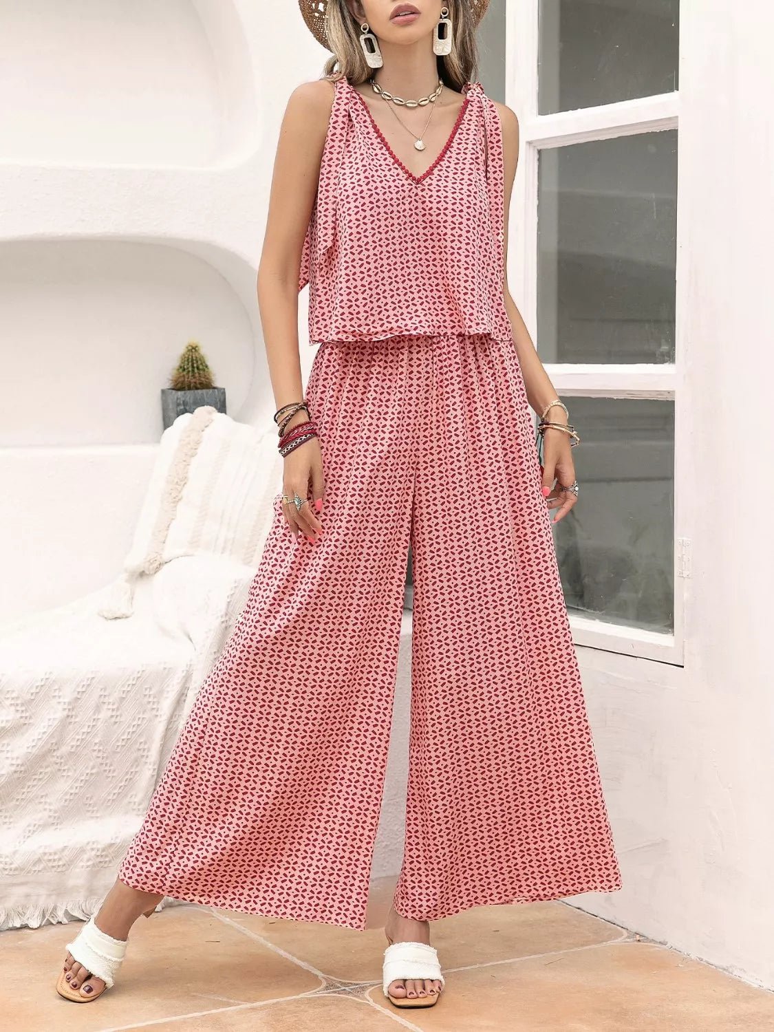 Gingham Tie Shoulder Top and Pants Set - NORIVE