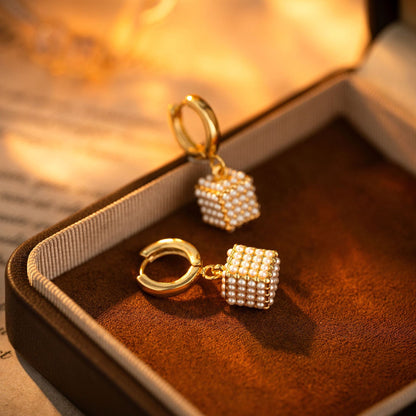 Micro-Inlaid Pearl Cube Hoop Earrings | 18K Gold Geometric Drop Earrings | Elegant Pearl Cluster Ear Clips - NORIVE