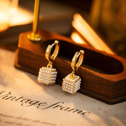 Micro-Inlaid Pearl Cube Hoop Earrings | 18K Gold Geometric Drop Earrings | Elegant Pearl Cluster Ear Clips - NORIVE