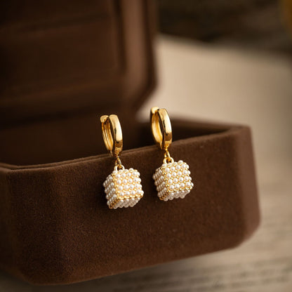 Micro-Inlaid Pearl Cube Hoop Earrings | 18K Gold Geometric Drop Earrings | Elegant Pearl Cluster Ear Clips - NORIVE