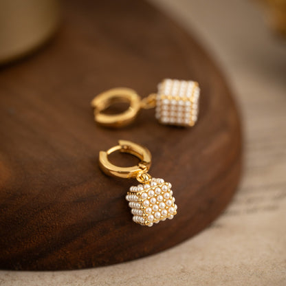 Micro-Inlaid Pearl Cube Hoop Earrings | 18K Gold Geometric Drop Earrings | Elegant Pearl Cluster Ear Clips - NORIVE