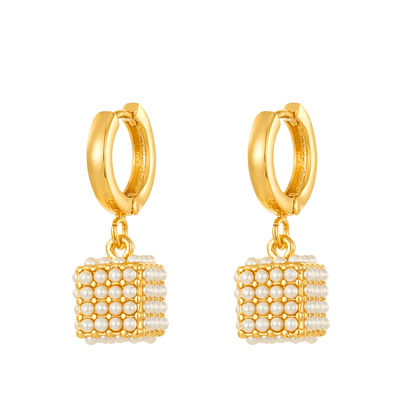 Micro-Inlaid Pearl Cube Hoop Earrings | 18K Gold Geometric Drop Earrings | Elegant Pearl Cluster Ear Clips - NORIVE