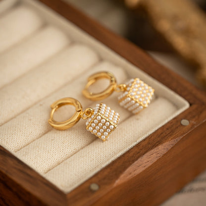 Micro-Inlaid Pearl Cube Hoop Earrings | 18K Gold Geometric Drop Earrings | Elegant Pearl Cluster Ear Clips - NORIVE