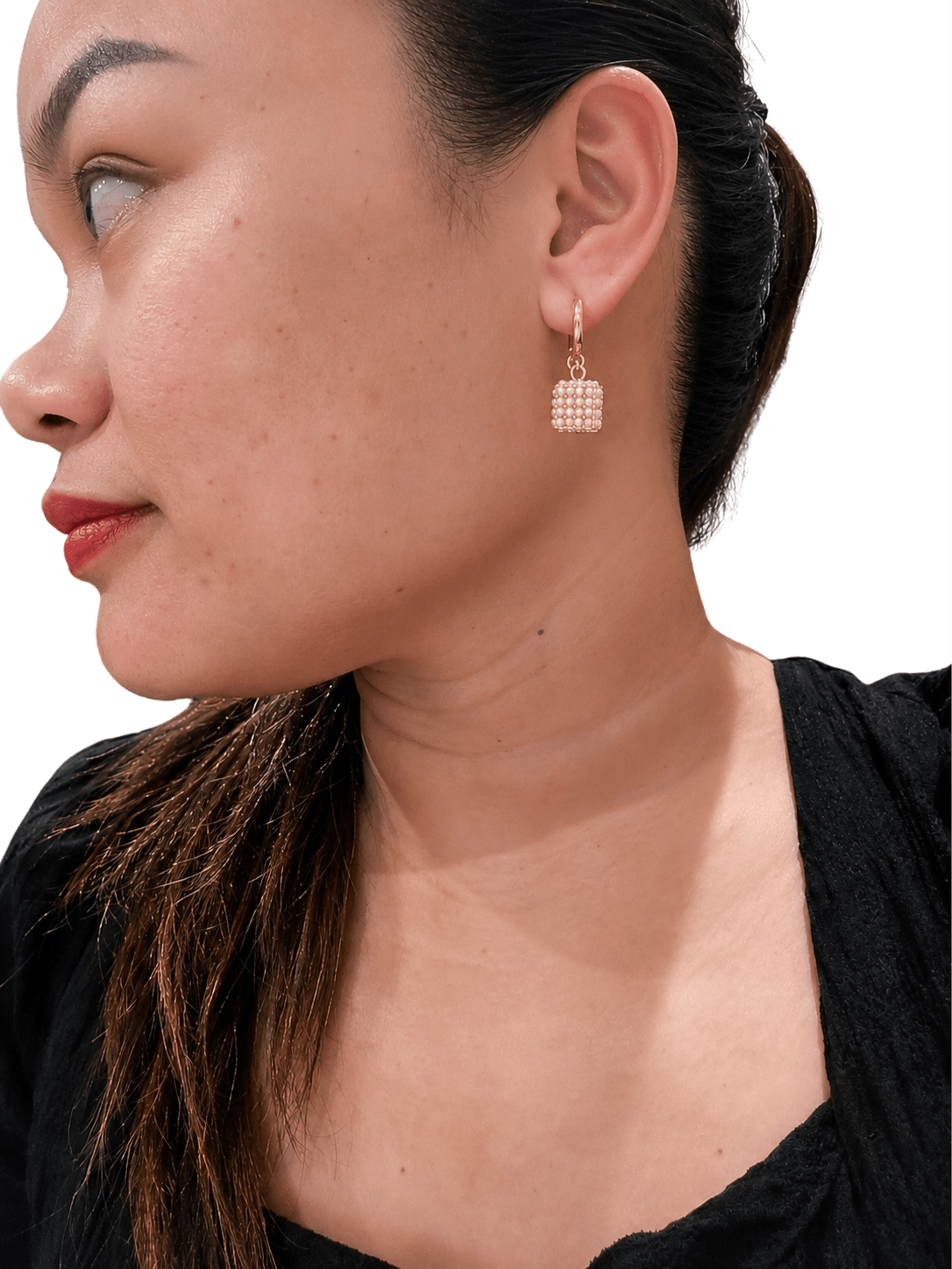 Micro-Inlaid Pearl Cube Hoop Earrings | 18K Gold Geometric Drop Earrings | Elegant Pearl Cluster Ear Clips - NORIVE