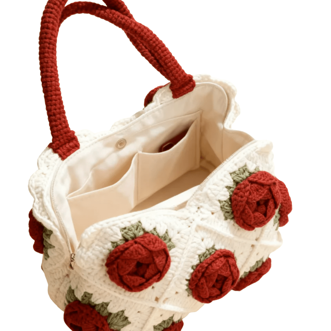 Norive Crochet Rose Tote – Handmade Floral Wool Bag with Top Handles - NORIVE