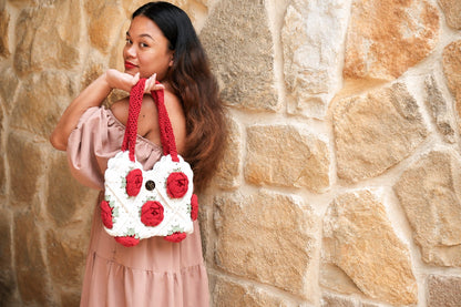 Norive Crochet Rose Tote – Handmade Floral Wool Bag with Top Handles - NORIVE