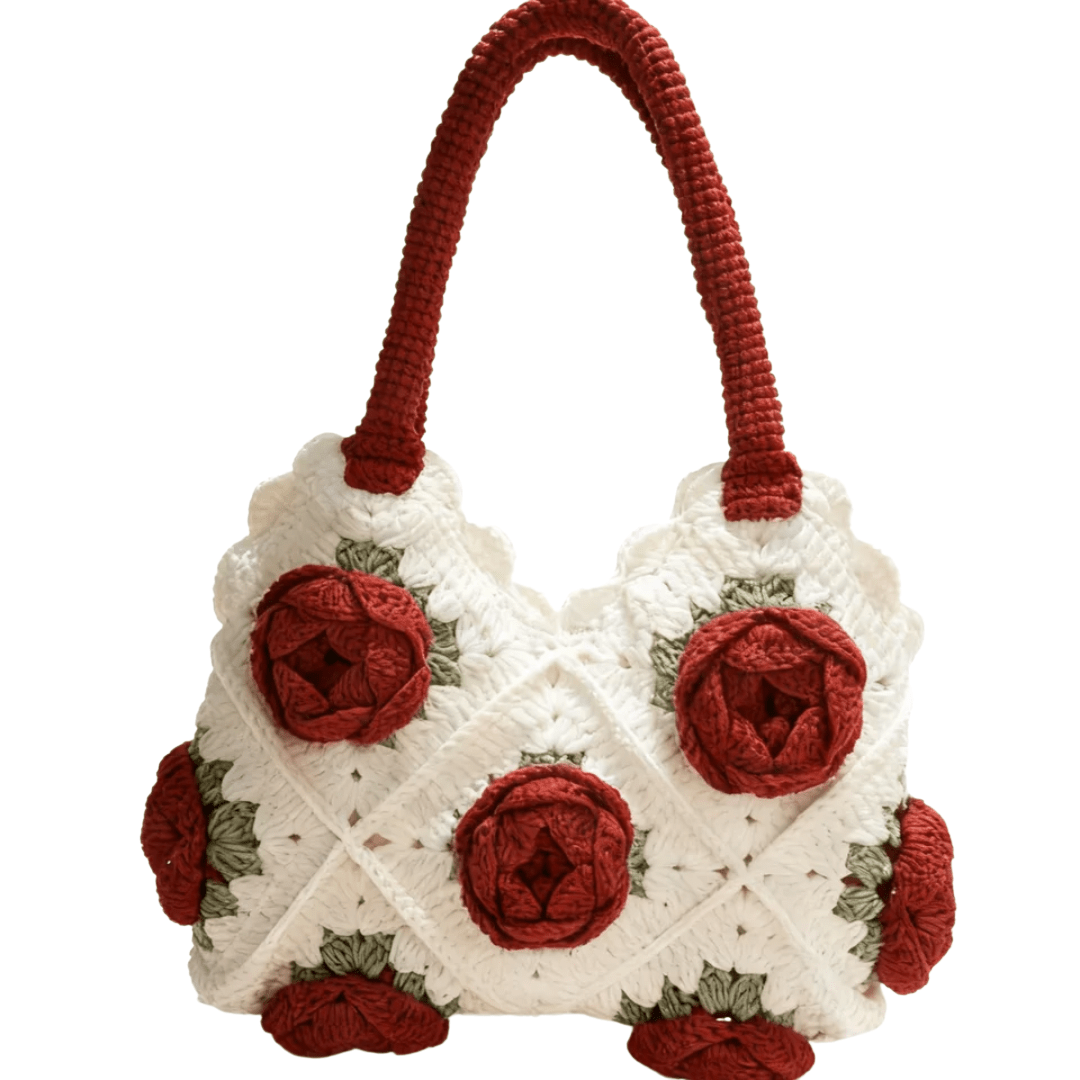 Norive Crochet Rose Tote – Handmade Floral Wool Bag with Top Handles - NORIVE