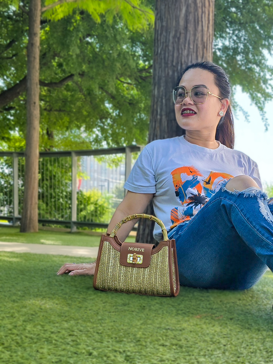 NORIVE Isla Bamboo Satchel – Woven Straw Handbag with Bamboo Handle & PU Leather Trim - NORIVE