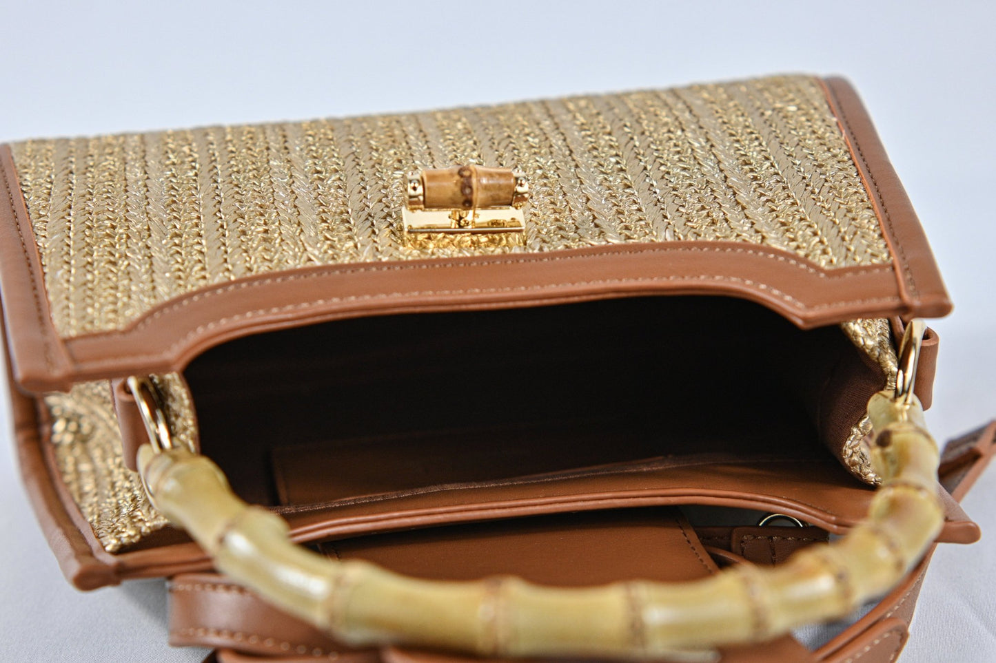 Open interior of NORIVE Isla Bamboo Satchel with bamboo handle