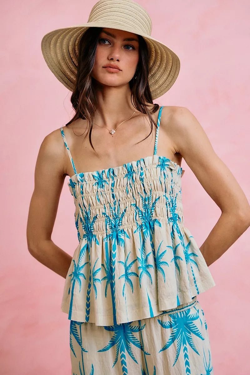 NORIVE Palm Tree Smocked Bodice Adjustable Cami Top - NORIVE